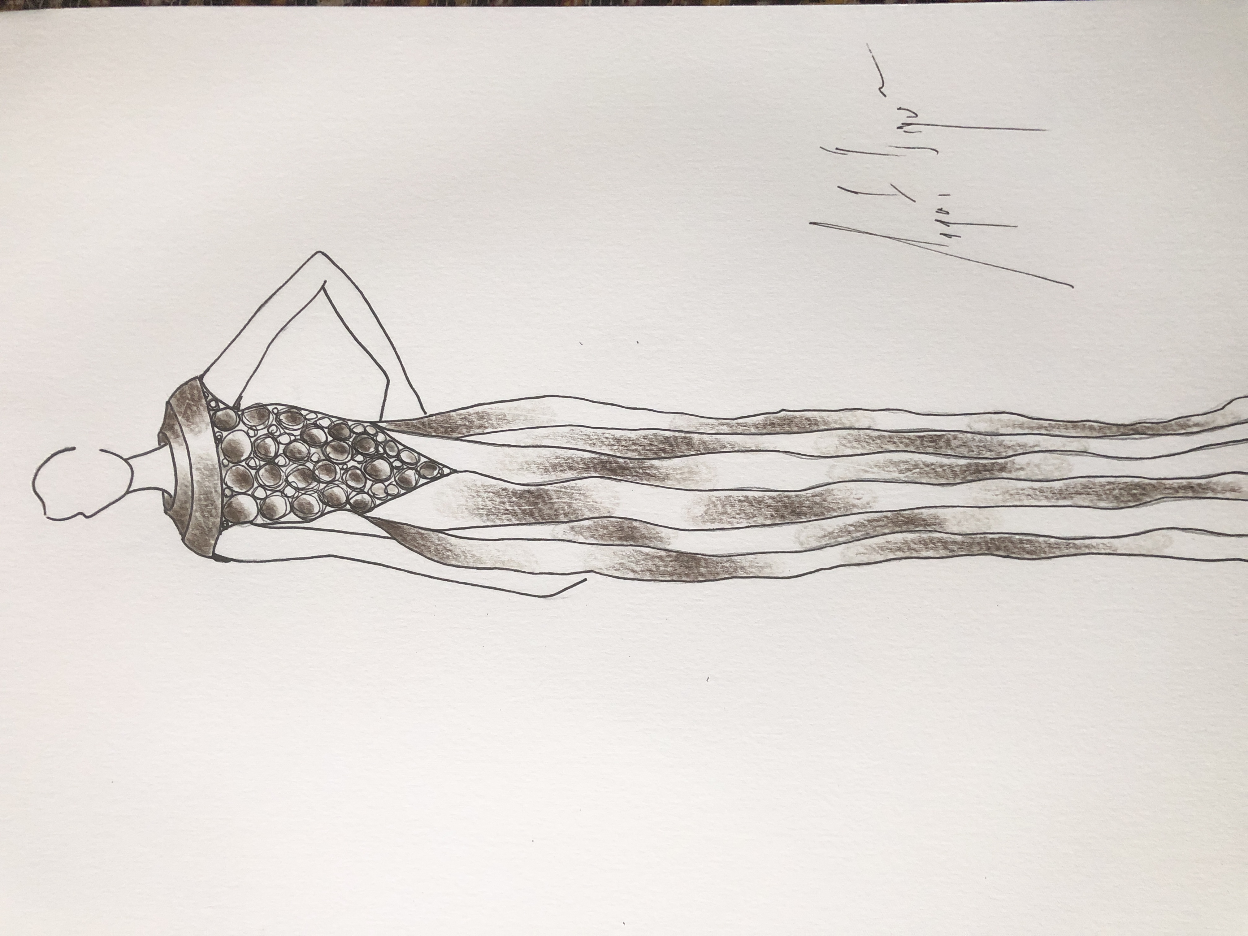 Drawing of a gold silk evening dress with circular designs on the bodice